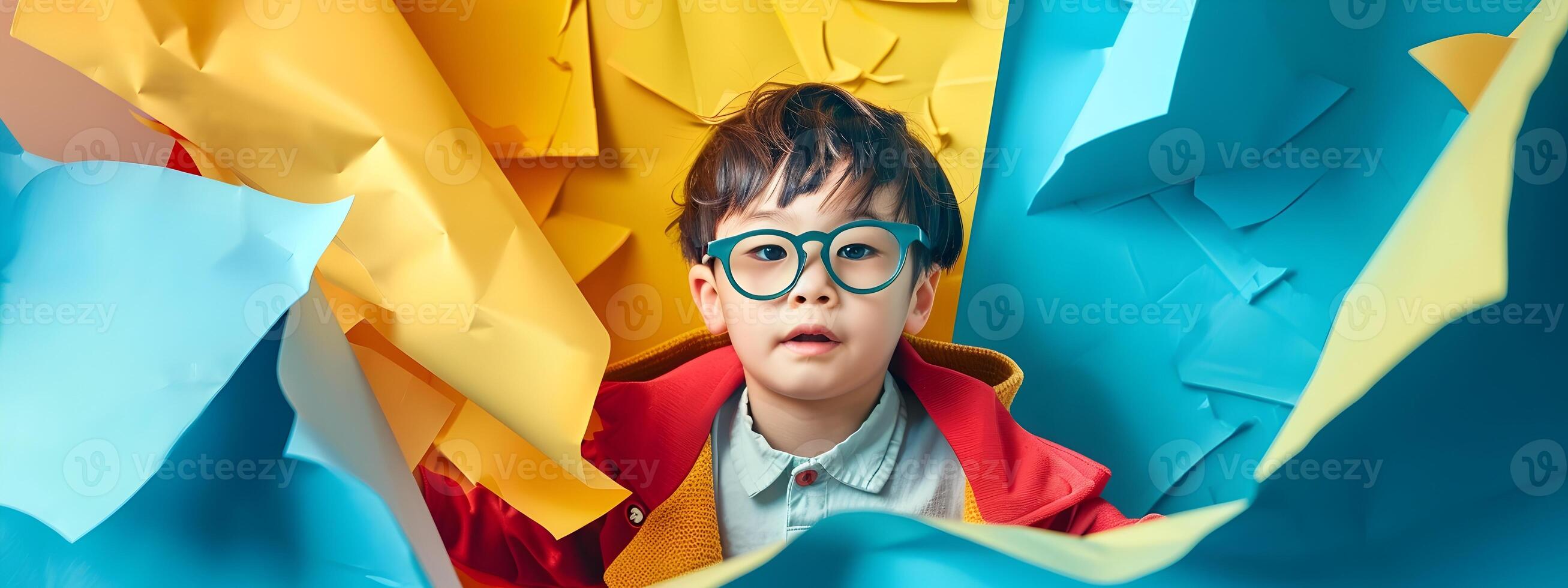 Cheerful Young Superhero Breaking Through Vibrant Colored Paper Wall photo