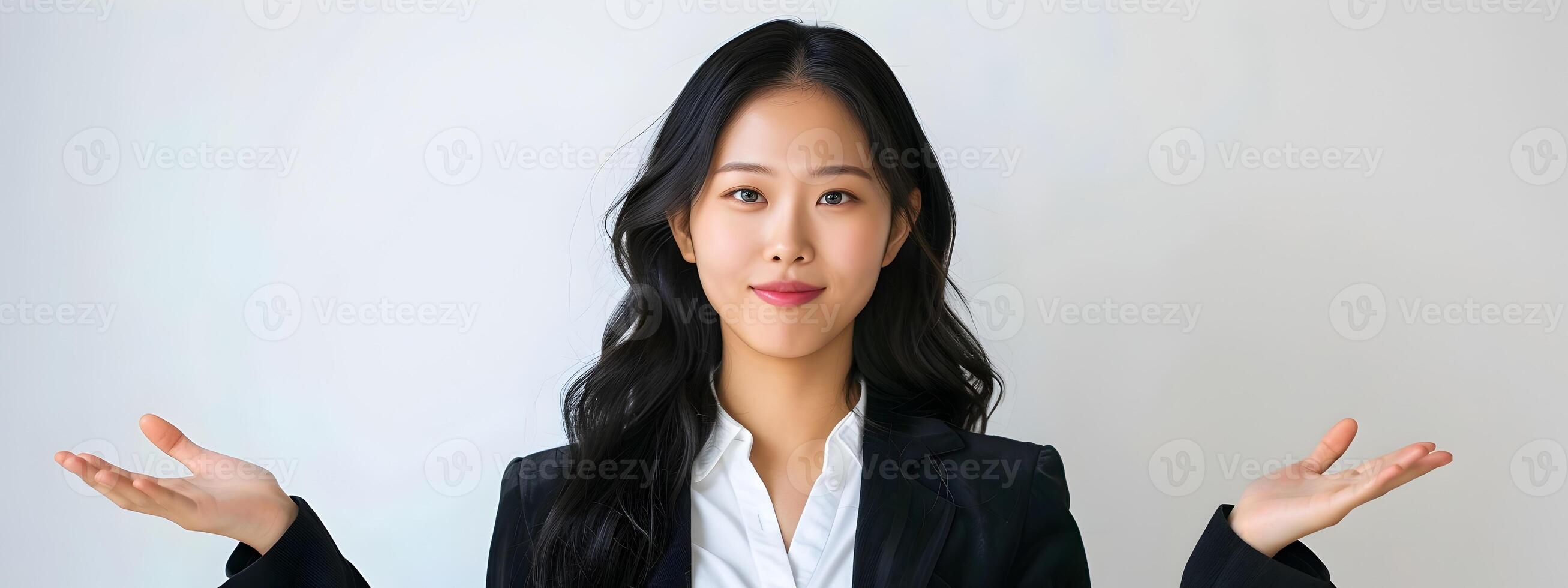 Confident and Stylish Asian Businesswoman in Modern Corporate Attire on White Background photo