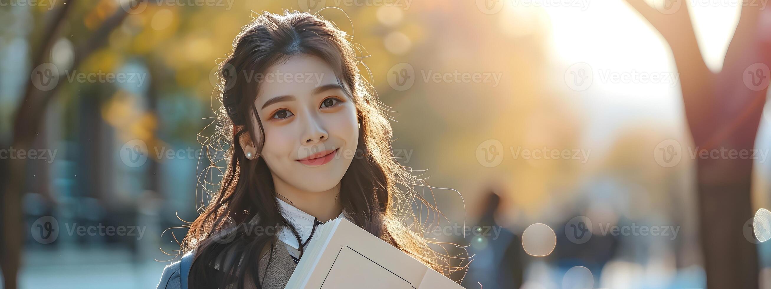 Confident and Stylish University Student Holds Book Smiles Brightly Outdoors photo