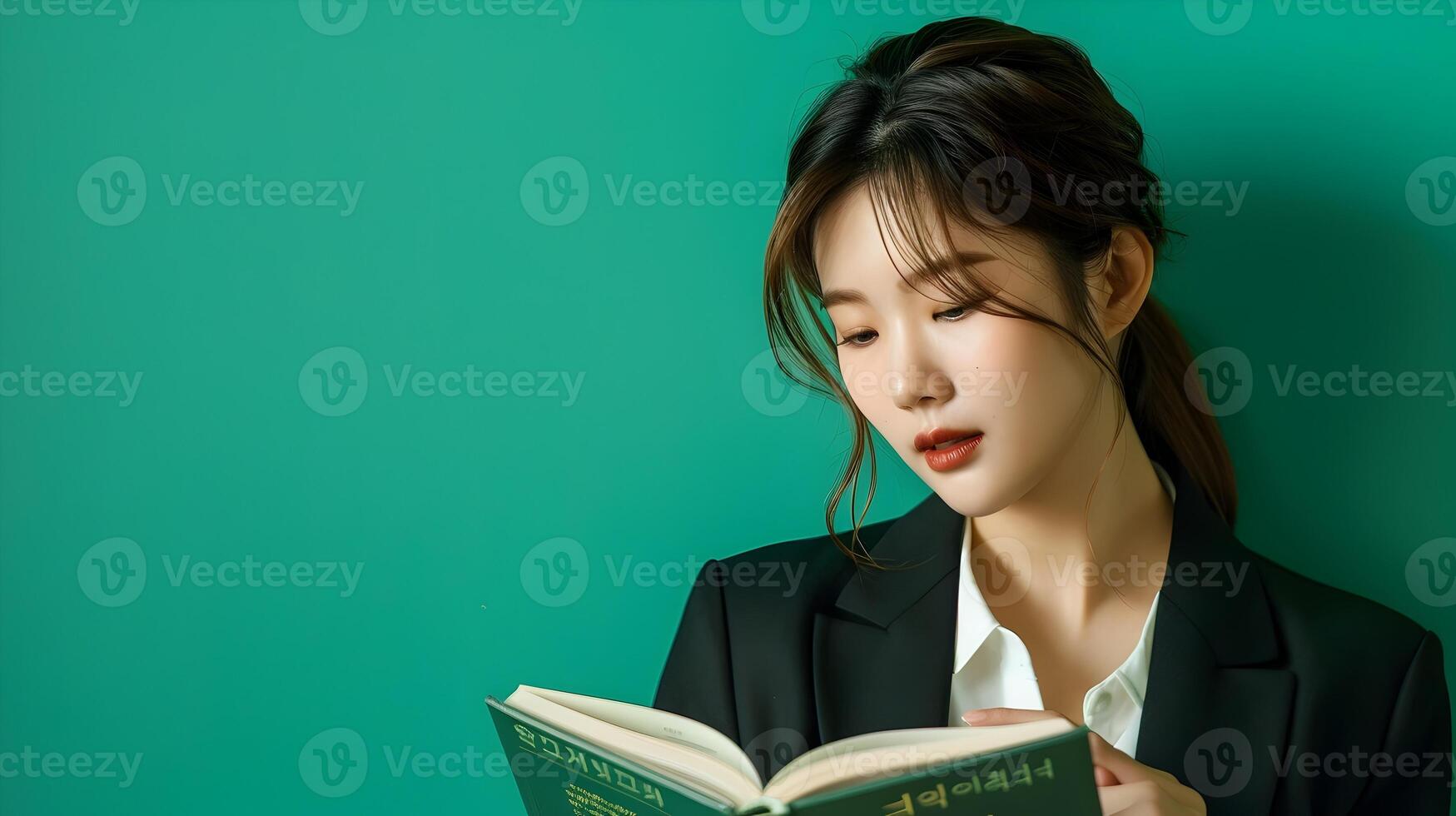 Confident Asian Businesswoman Reading on Green Background photo