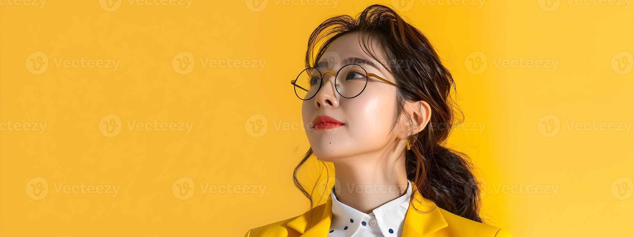 Confident Asian Businesswoman Studying on Vibrant Yellow Background in Neo Pop Styling photo