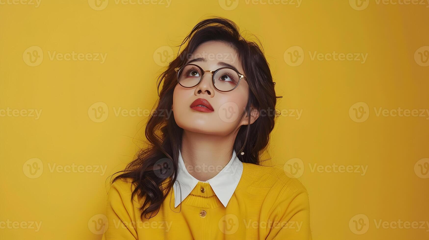 Confident Asian Businesswoman Studies Intently on Yellow Commercial Backdrop photo