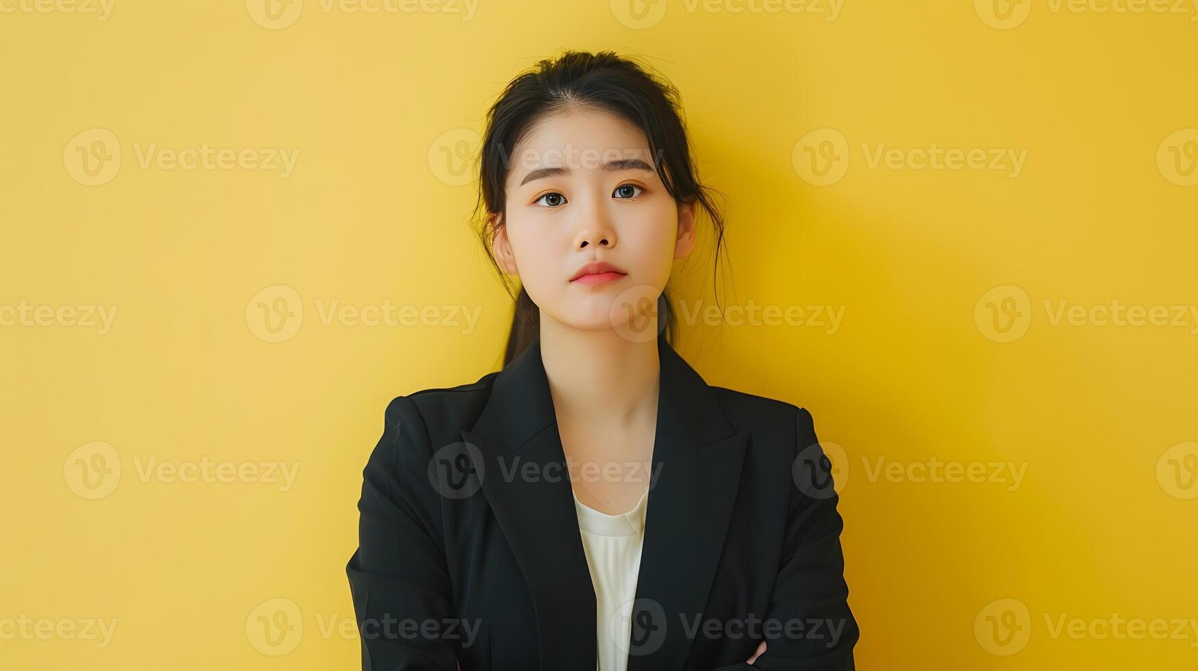 Confident Asian Businesswoman Studying on Vibrant Yellow Background photo