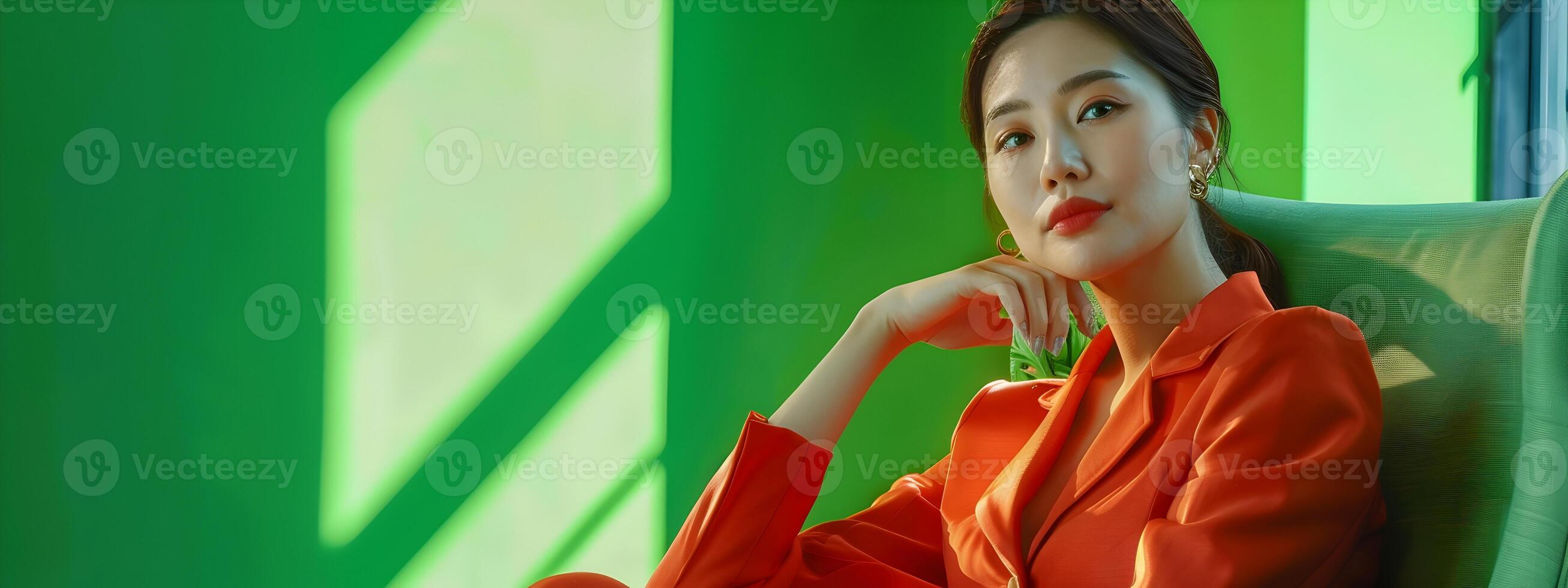Confident Asian Businesswoman Relaxing in Modern Neo Pop Inspired Attire photo