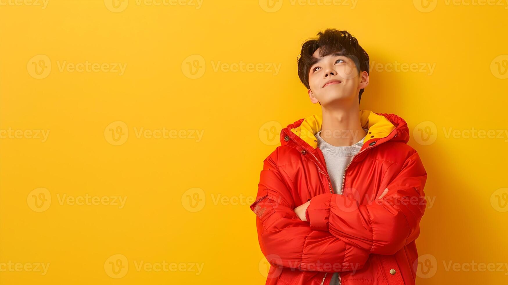Confident Asian Idol in Stylish Costume Posing on Yellow Studio Background photo