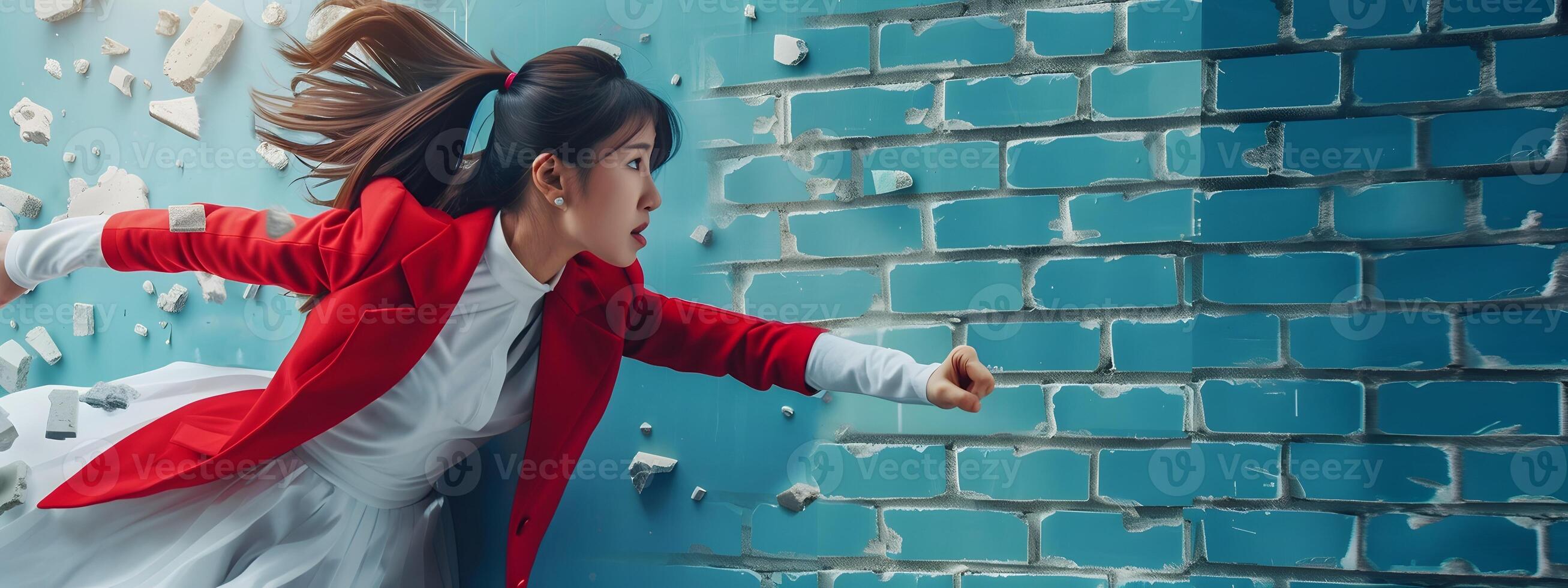Confident Asian Superhero Woman Breaks Through Brick Wall photo