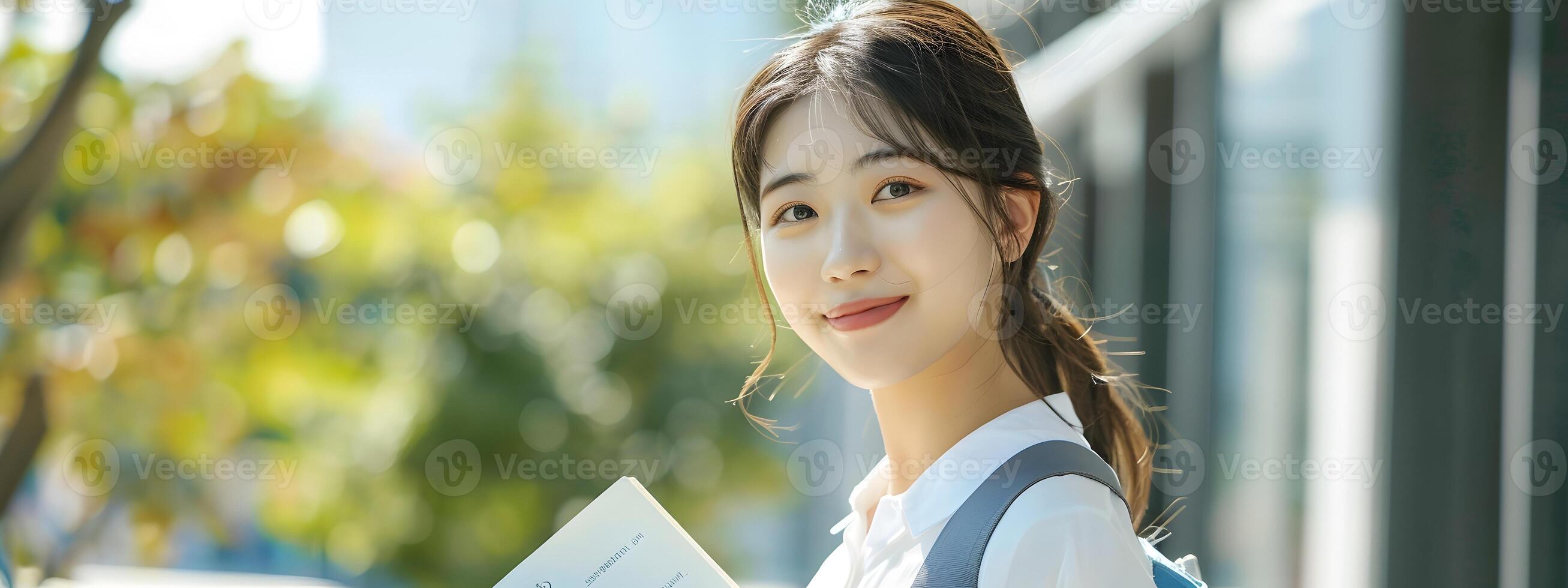 Confident Asian University Student Smiling While Holding a Book photo