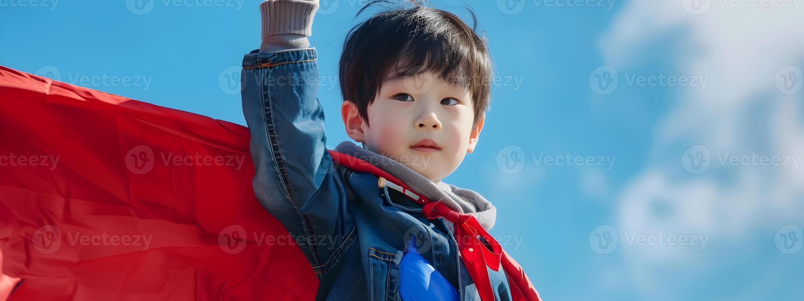 Confident Korean Superhero Boy Wearing Waving Cape Against Azure Sky photo