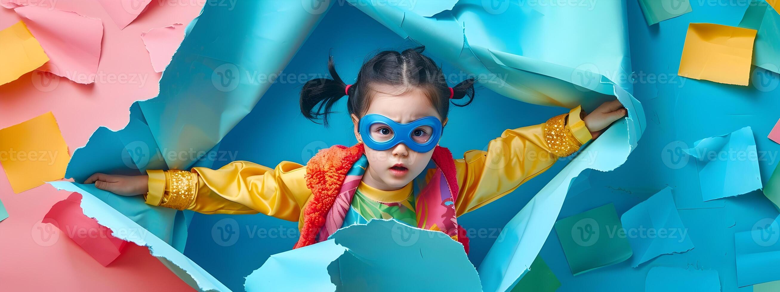 Confident Korean Hallyu Girl Superhero Breaks Through Color Paper Wall photo