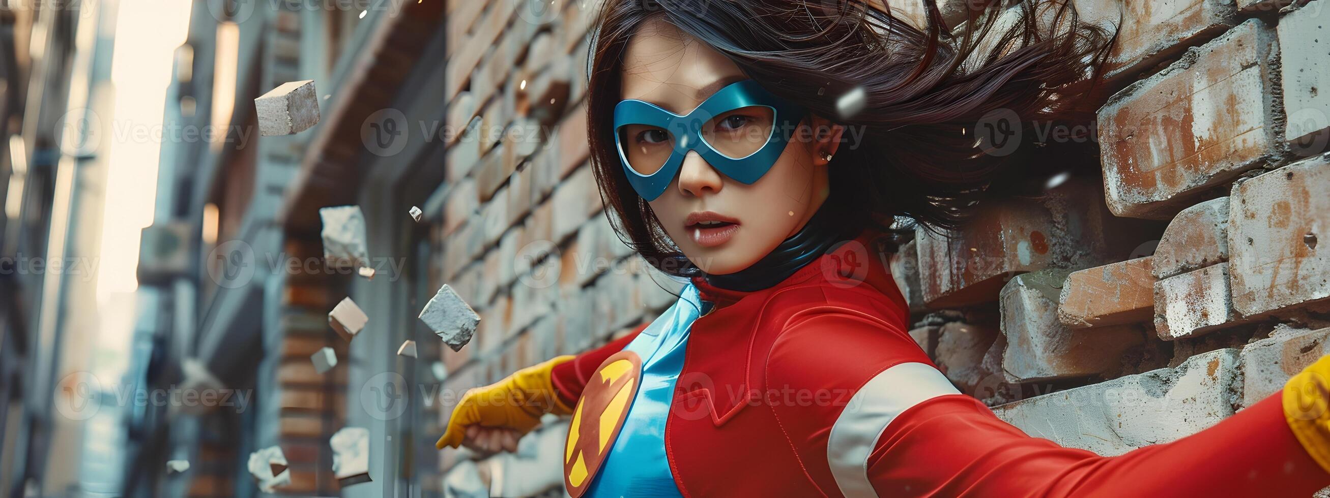 Confident Korean University Woman Superhero Breaks Through Brick Wall in Neo Pop Costume photo