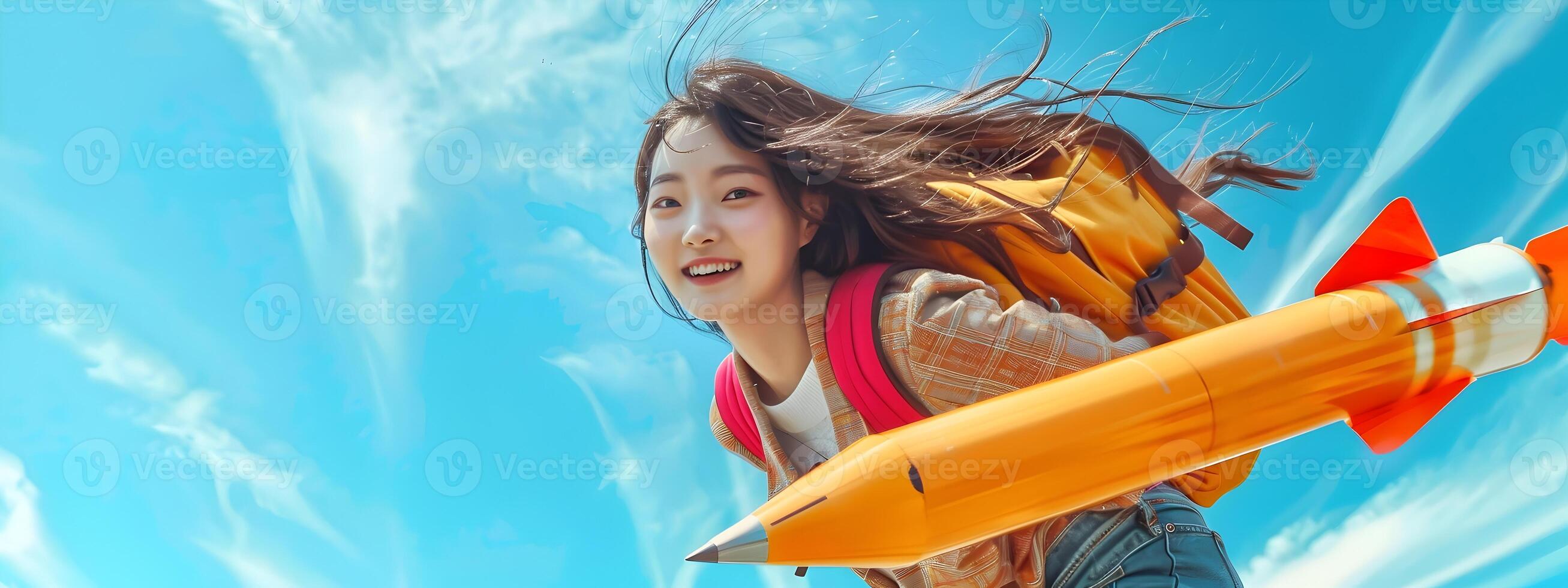 Confident Korean University Student Soaring on Pencil Rocket into the Boundless Azure Sky photo