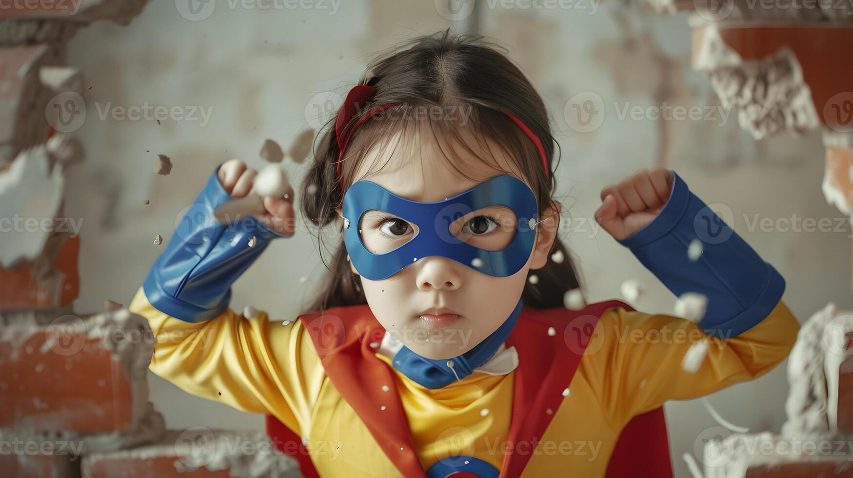 Confident Young Asian Superhero Girl Breaking Through Brick Wall in Colorful Costume photo