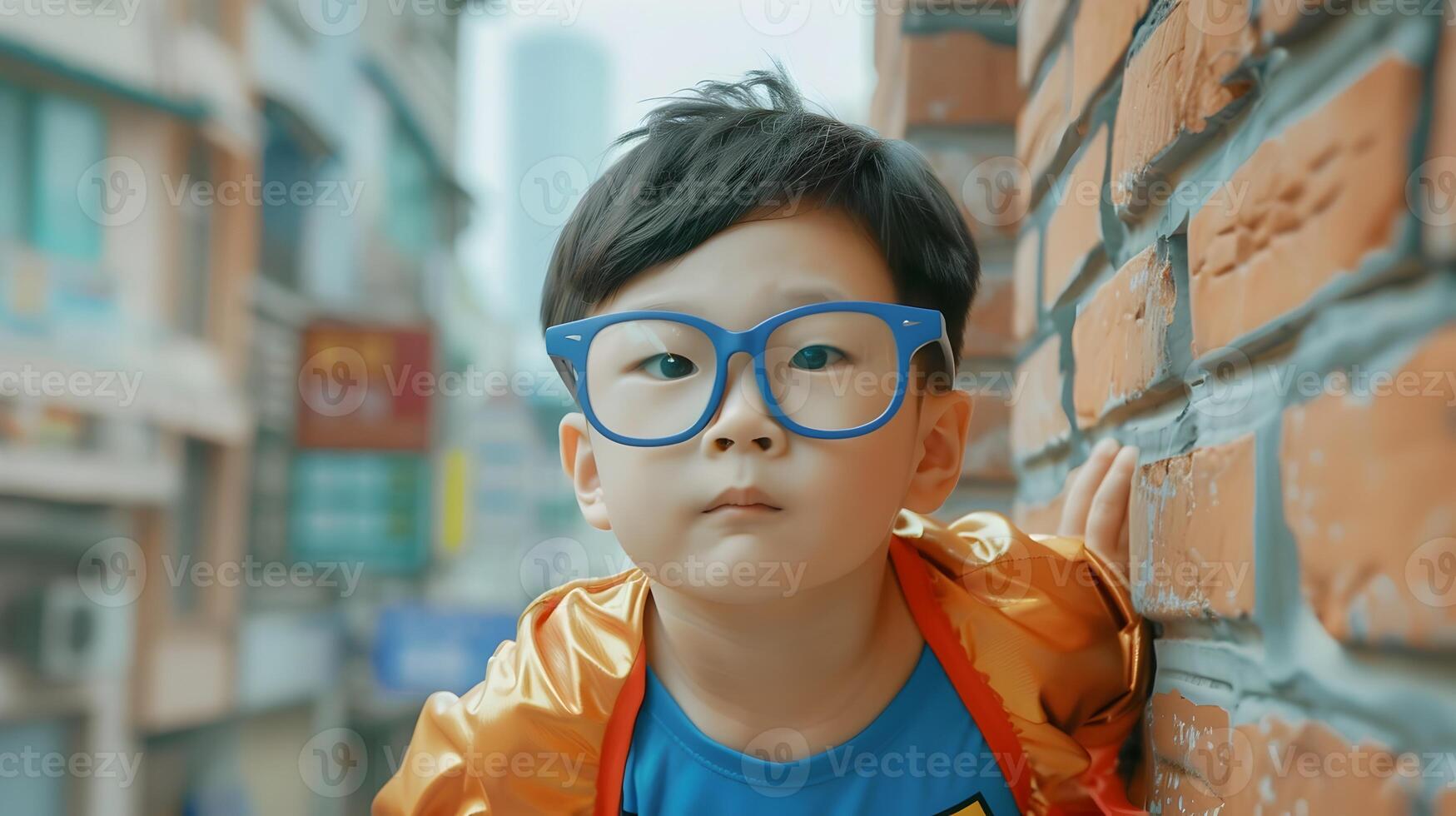 Confident Young Korean Superhero Breaking Through Brick Wall in Vibrant Modern Costume photo