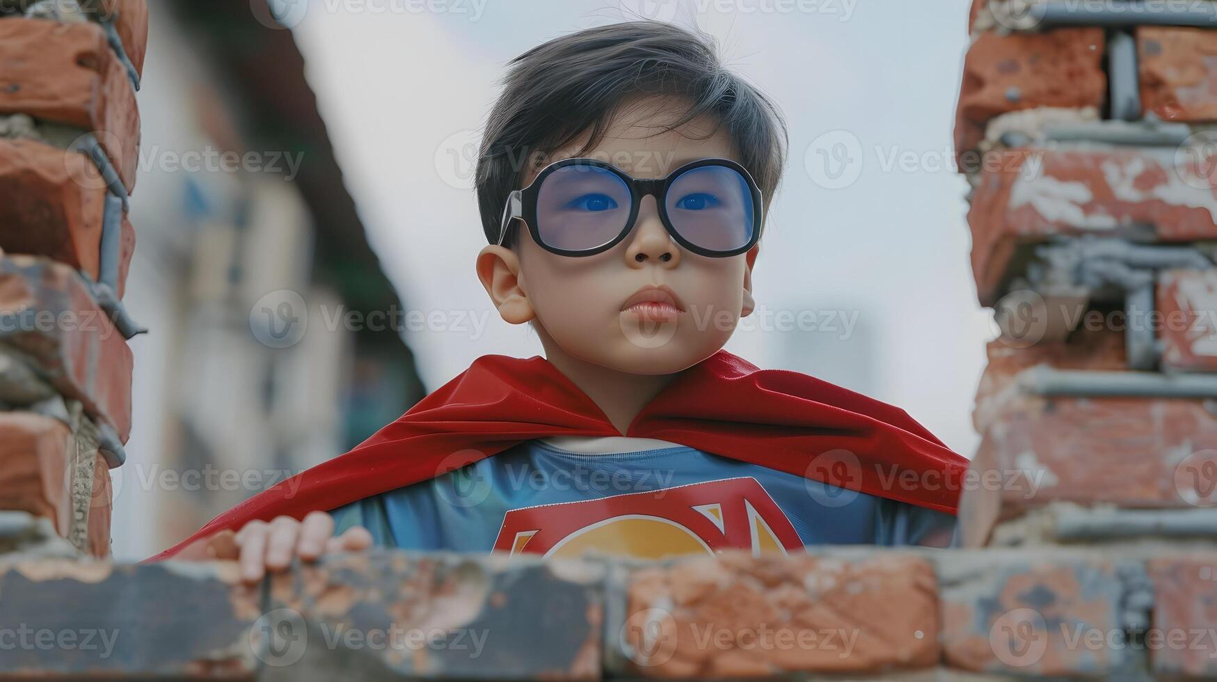 Confident Young Asian Superhero Breaks Through Brick Wall in Neo Pop Style photo