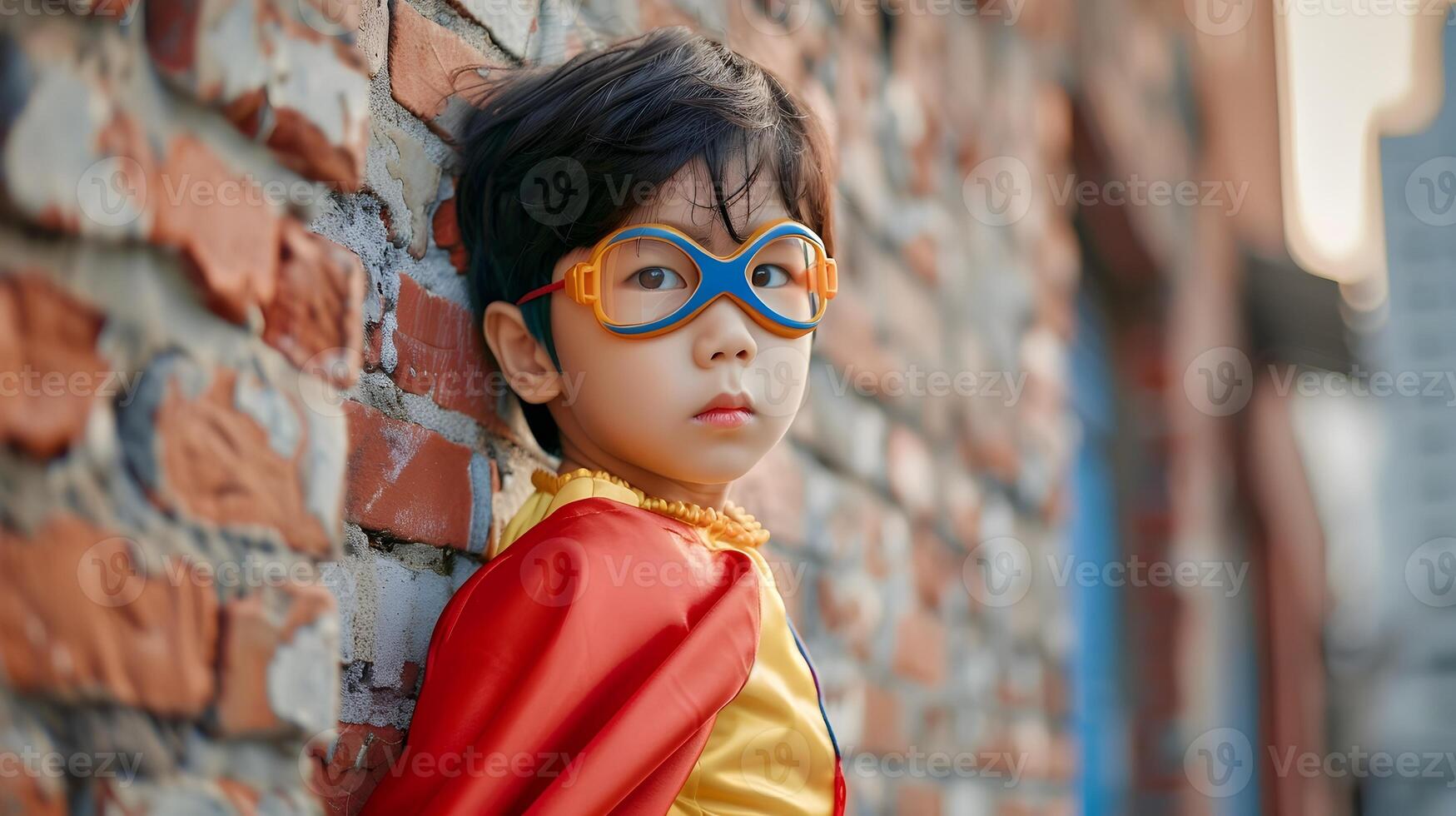 Courageous Asian Superhero Boy Smashing Through Brick Wall with Vibrant Neo Pop Costume photo