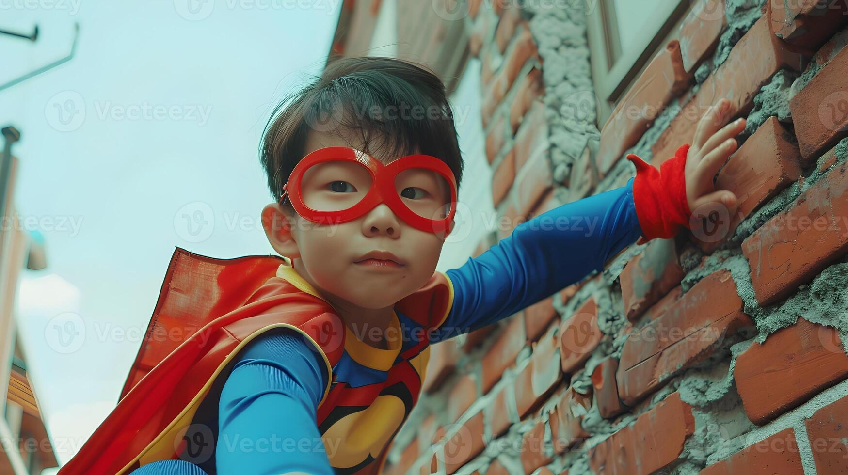 Courageous Young Korean Superhero Breaking Through Brick Wall in Stylish Neo Pop Costume photo