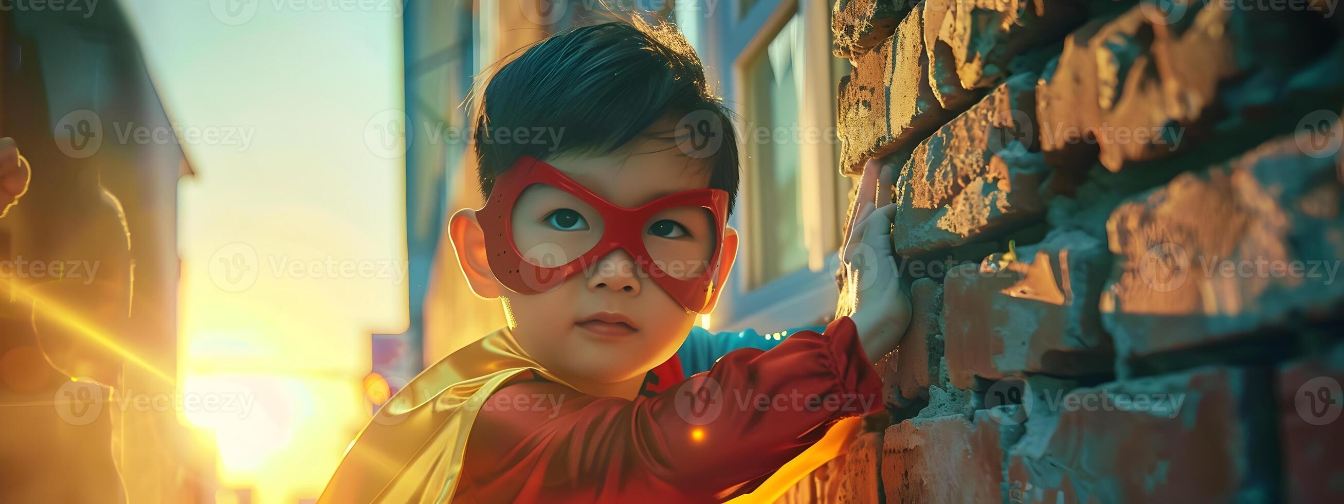 Cute Korean Superhero Boy Breaking Through Brick Wall in Vibrant Modern Costume photo