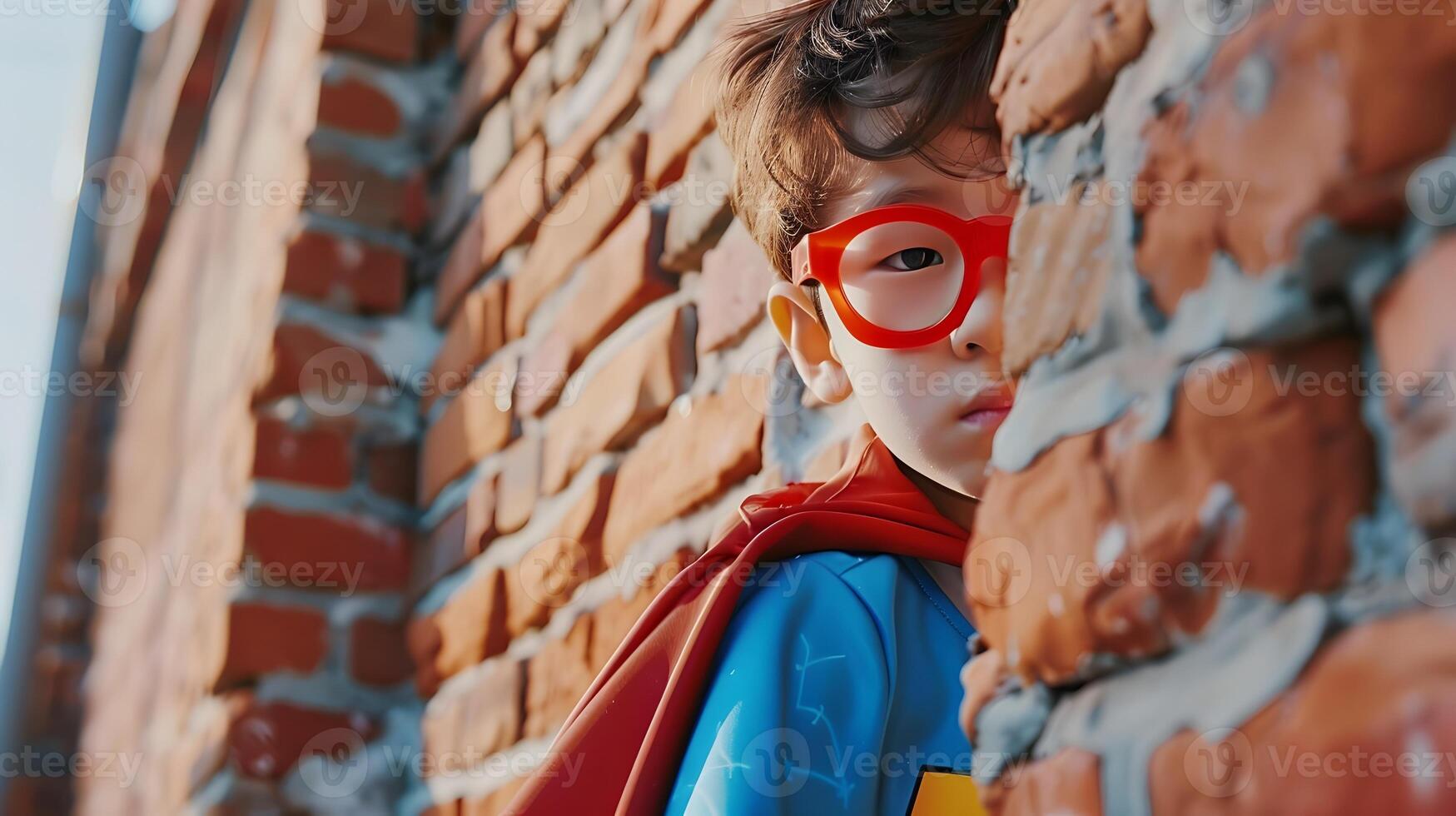 Determined Young Korean Superhero Bursting Through Brick Wall In Modern Neo Pop Costume photo