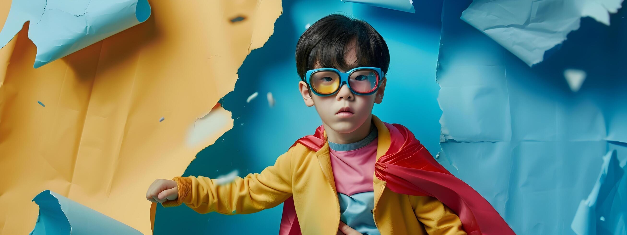 Energetic Korean Child Superhero Breaking Through Vibrant Paper Wall photo