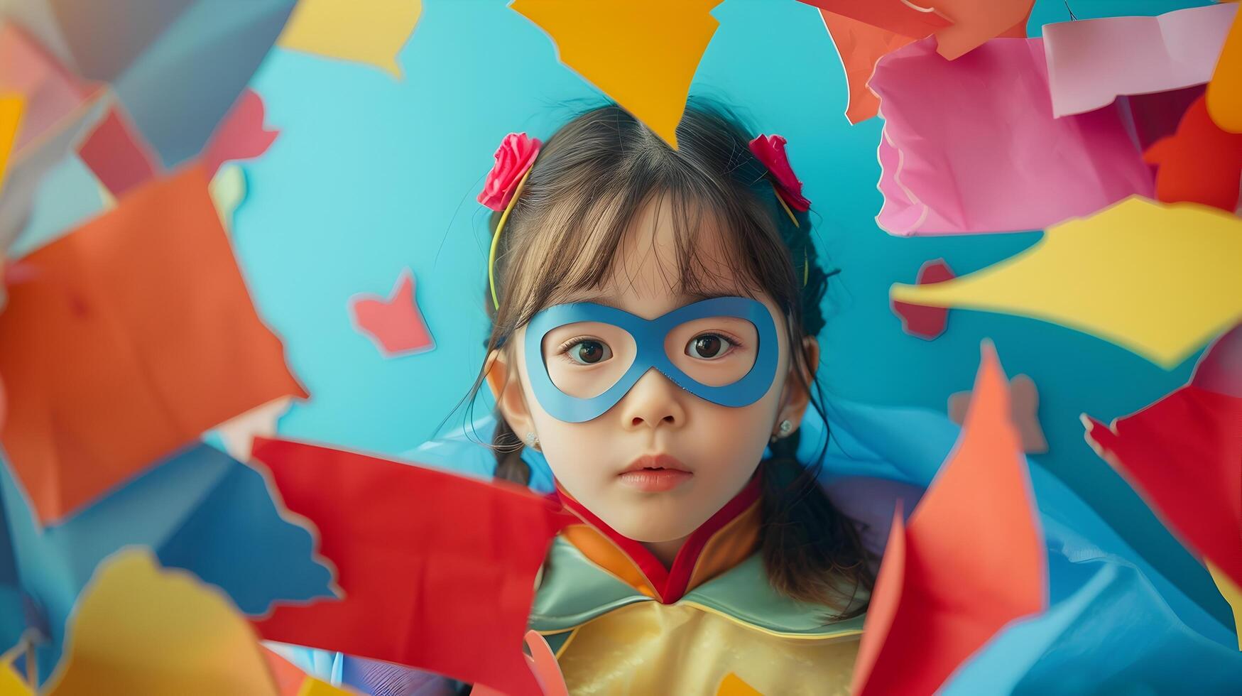 Energetic Korean Superhero Girl Breaks Through Colorful Paper Wall photo