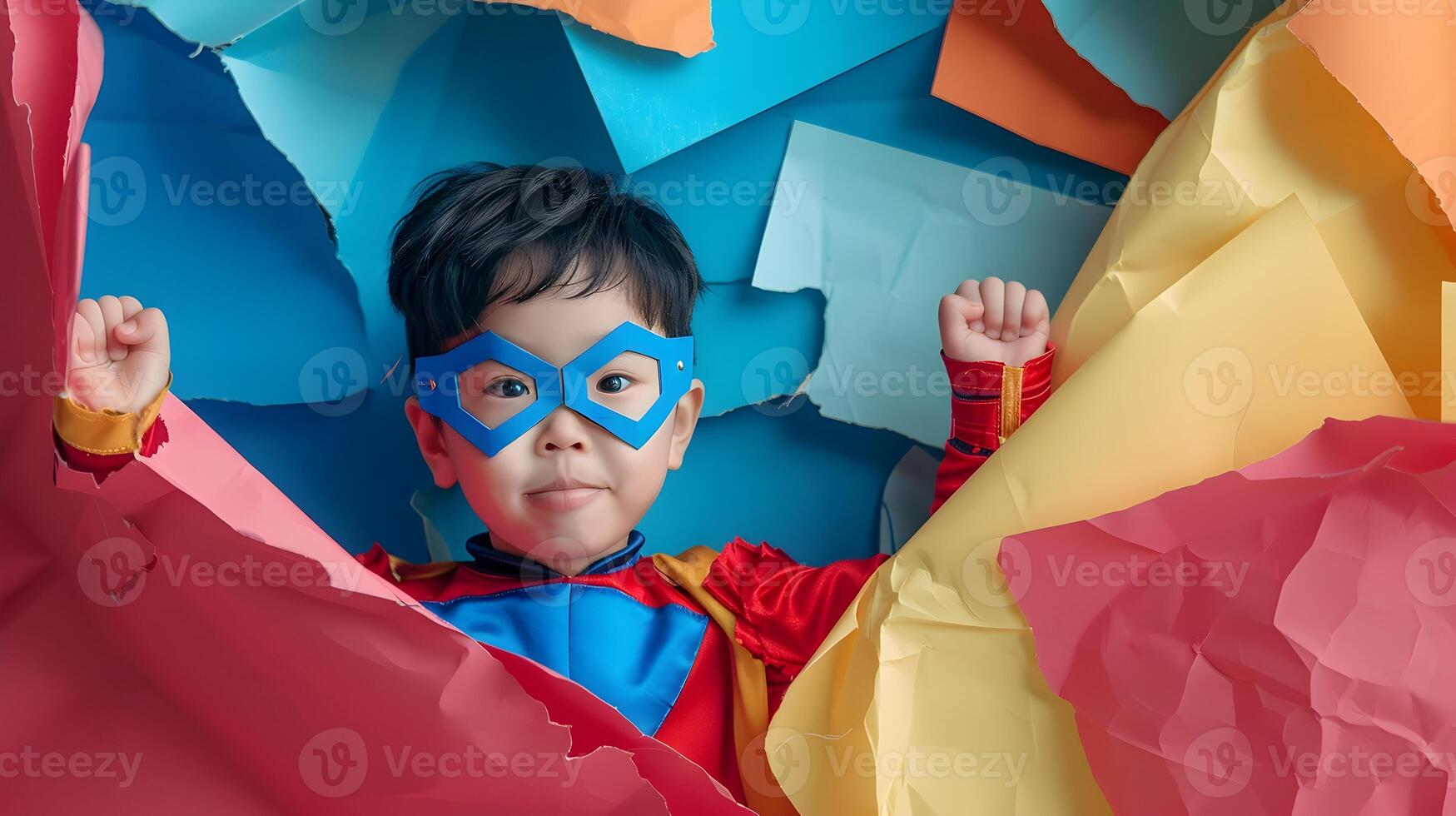 Energetic Young Asian Superhero Breaks Through Colorful Paper Wall photo