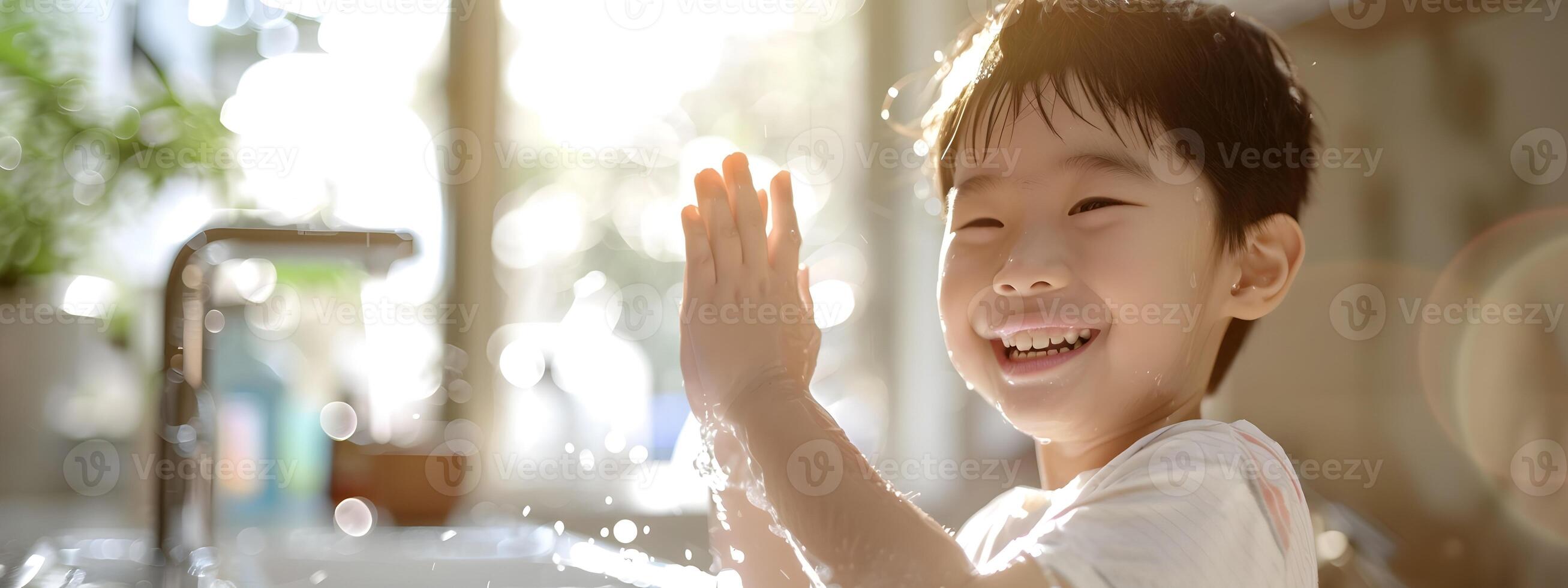 Excited Asian Boy Washing Hands in Bright and Clean Bathroom for Advertising Photography photo