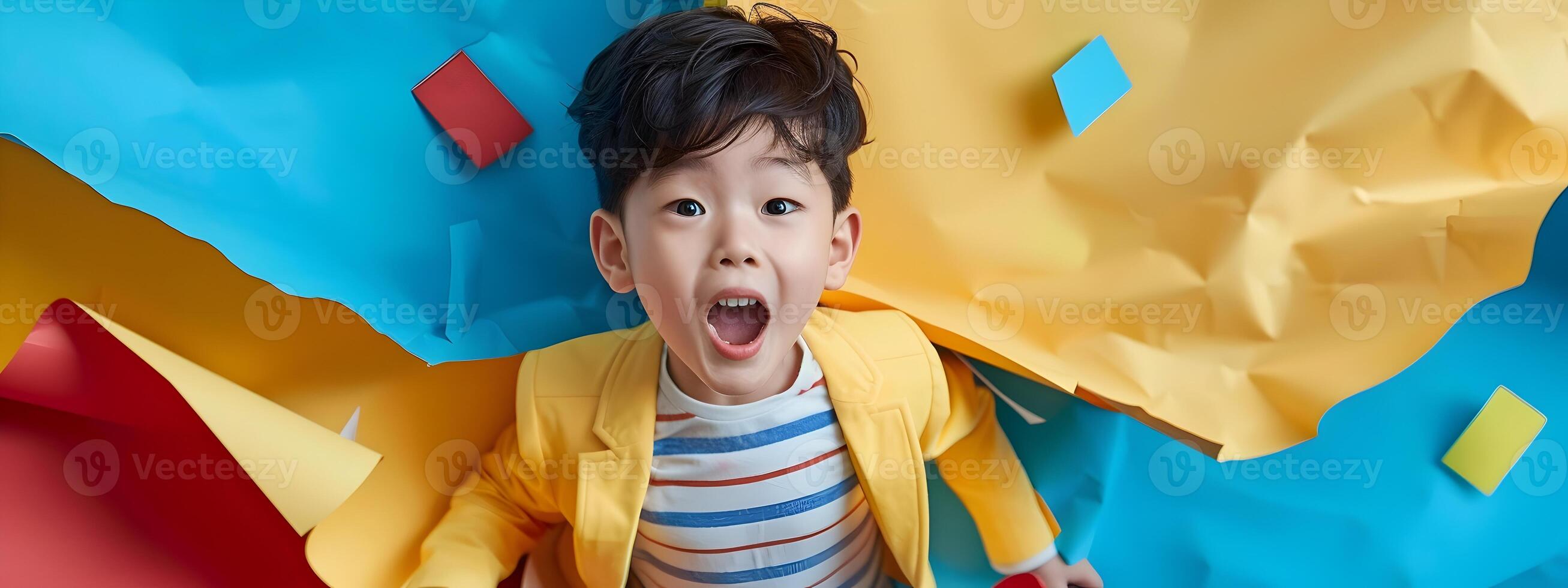 Energetic Young Korean Superhero Breaks Through Colorful Paper Wall in Neo Pop Style photo