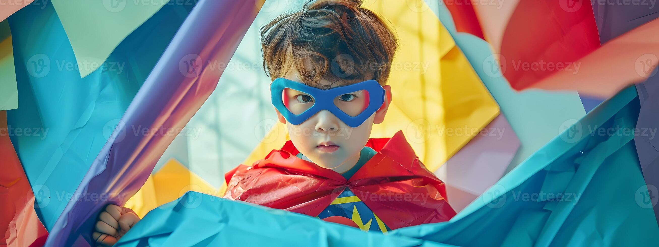 Energetic Young Korean Superhero Bursting Through Colorful Paper Wall photo