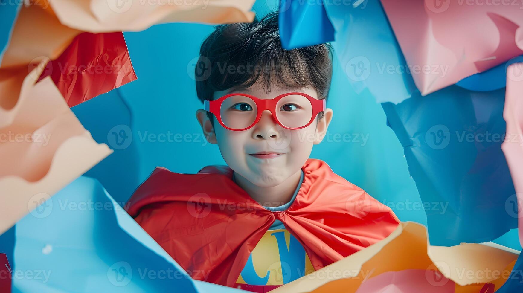 Energetic Young Asian Superhero Breaking Through Colorful Paper Wall photo