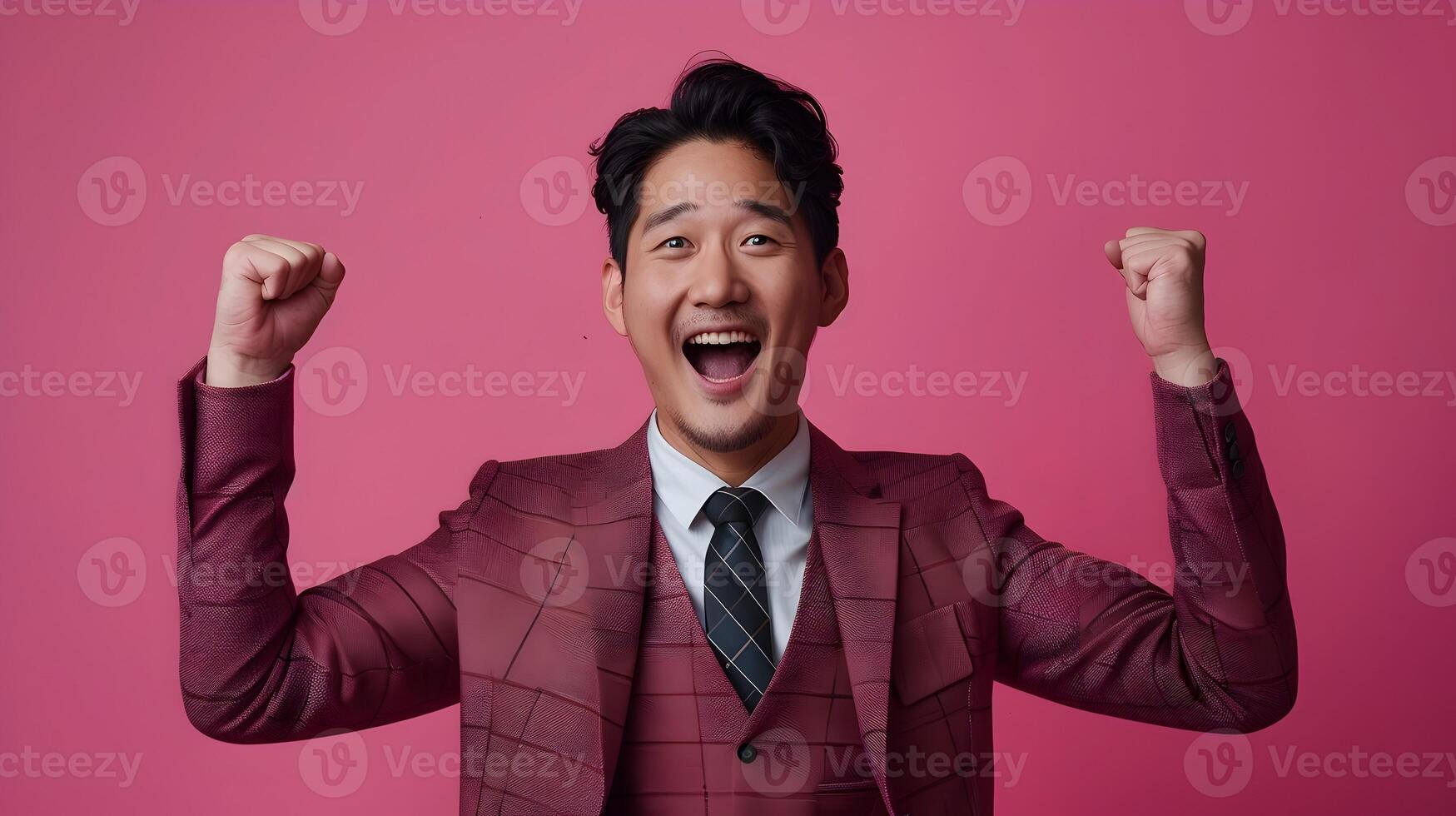Excited Asian Businessman in Modern Costume Celebrating Success on Pink Background photo