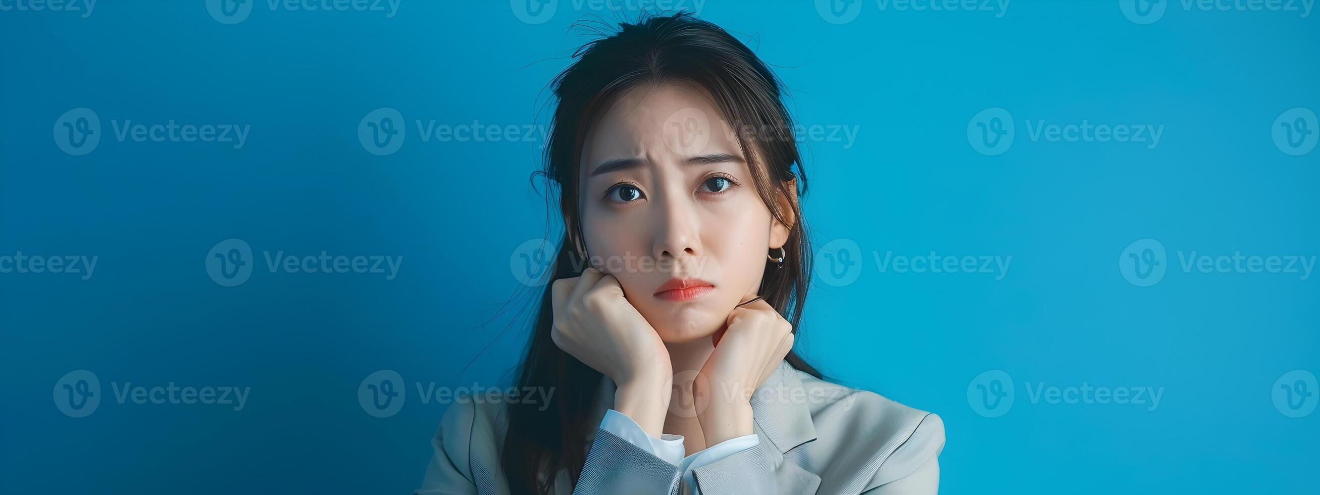 Exhausted Hallyu Businesswoman in Neo Pop Style on Blue Background photo