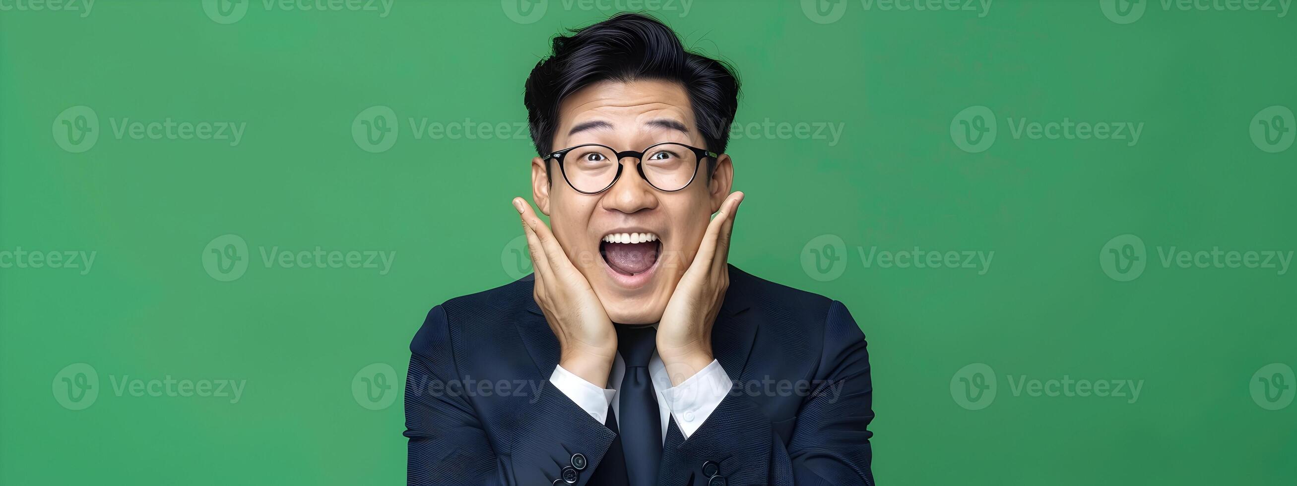 Excited Asian Businessman Flashing Happy Expressions Against Green Background in Neo Pop Sensibility photo