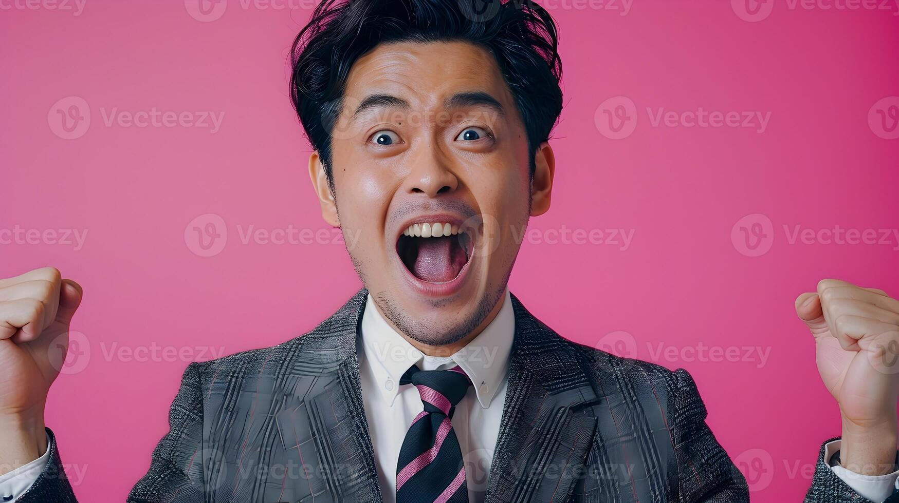 Exhilarated Asian Businessman in Neo Pop Style Portrait on Pink Background photo