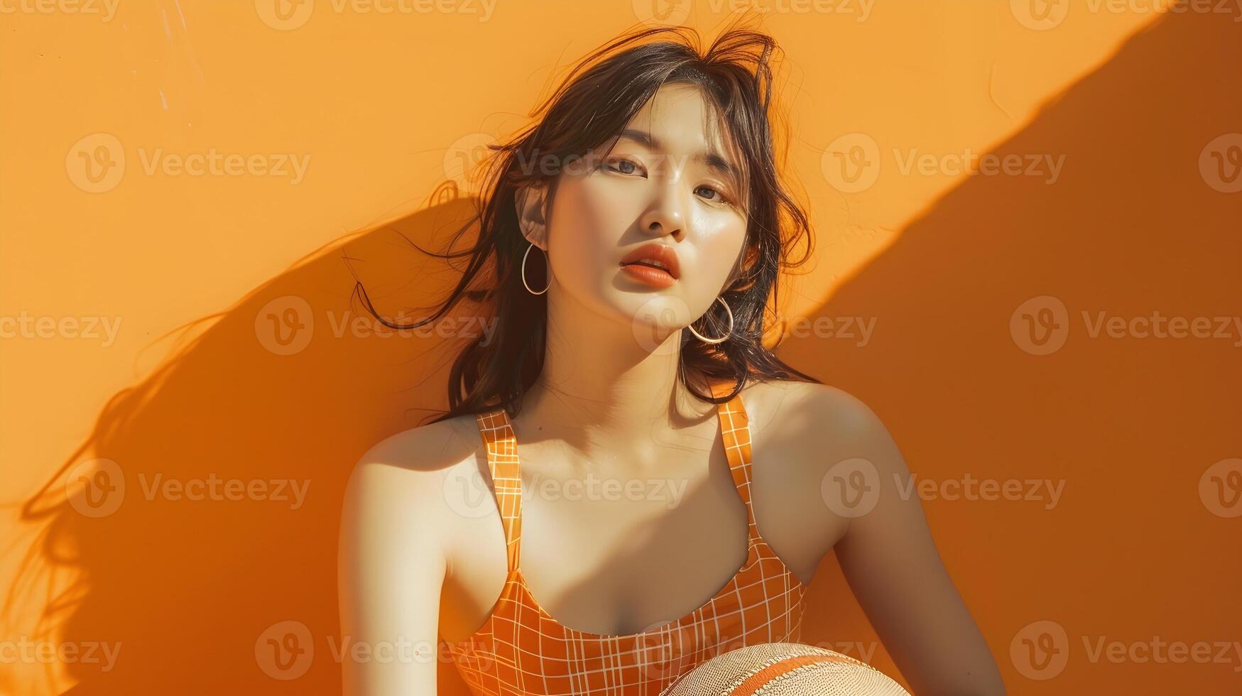 Fashionable Asian Hallyu Girl with Football on Vibrant Orange Background photo