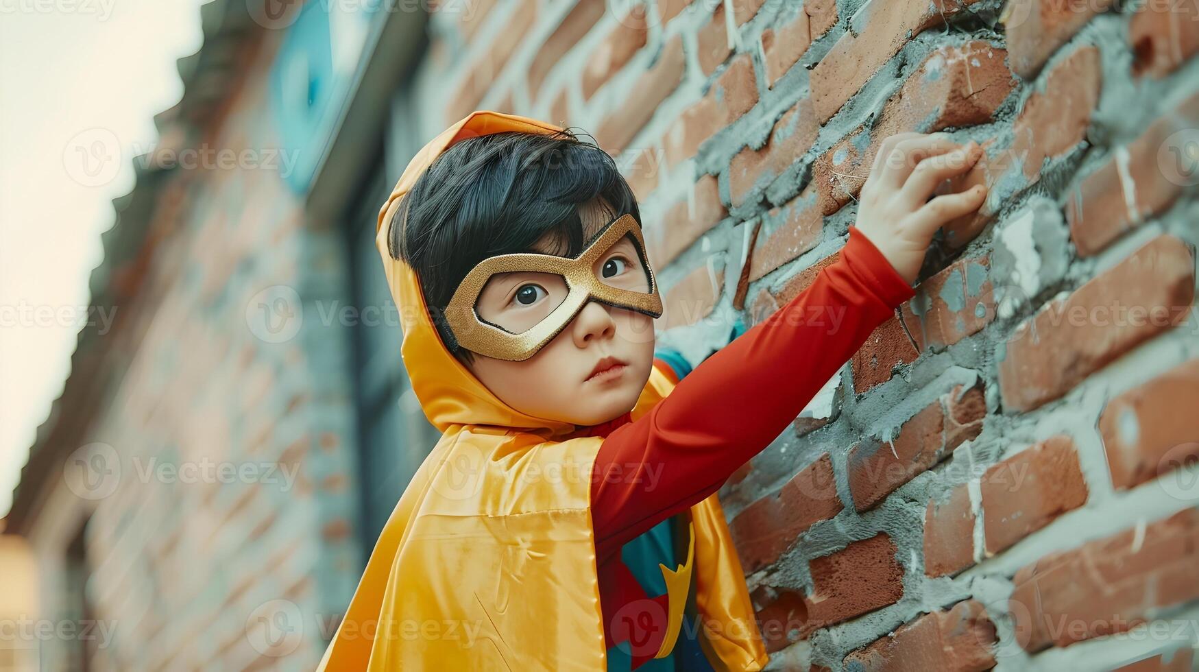 Fearless Young Korean Superhero Breaking Through Brick Wall in Stylish Neo Pop Costume photo
