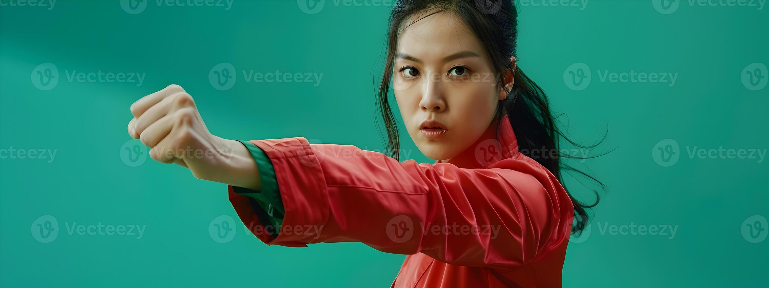 Fierce and Confident Hallyu Woman Showcasing Fighting Pose in Modern Costume Against Green Background photo