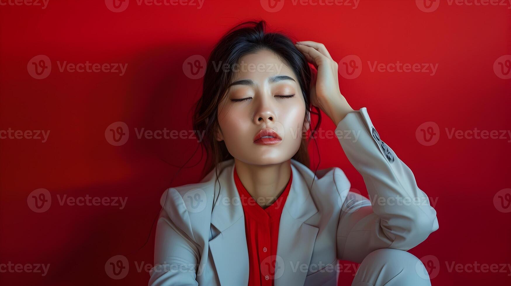 Heartbroken Hallyu Businesswoman s Neo Pop Sensibility Portrait on Red Background photo