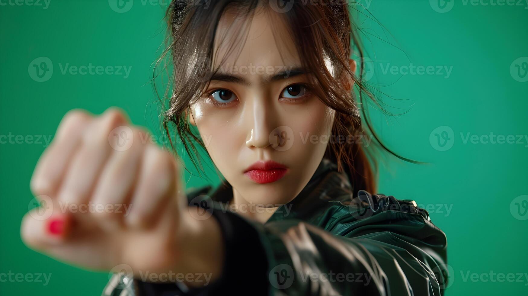 Fierce and Empowered Hallyu Woman in Fighting Pose with Modern Neo Pop Costume photo