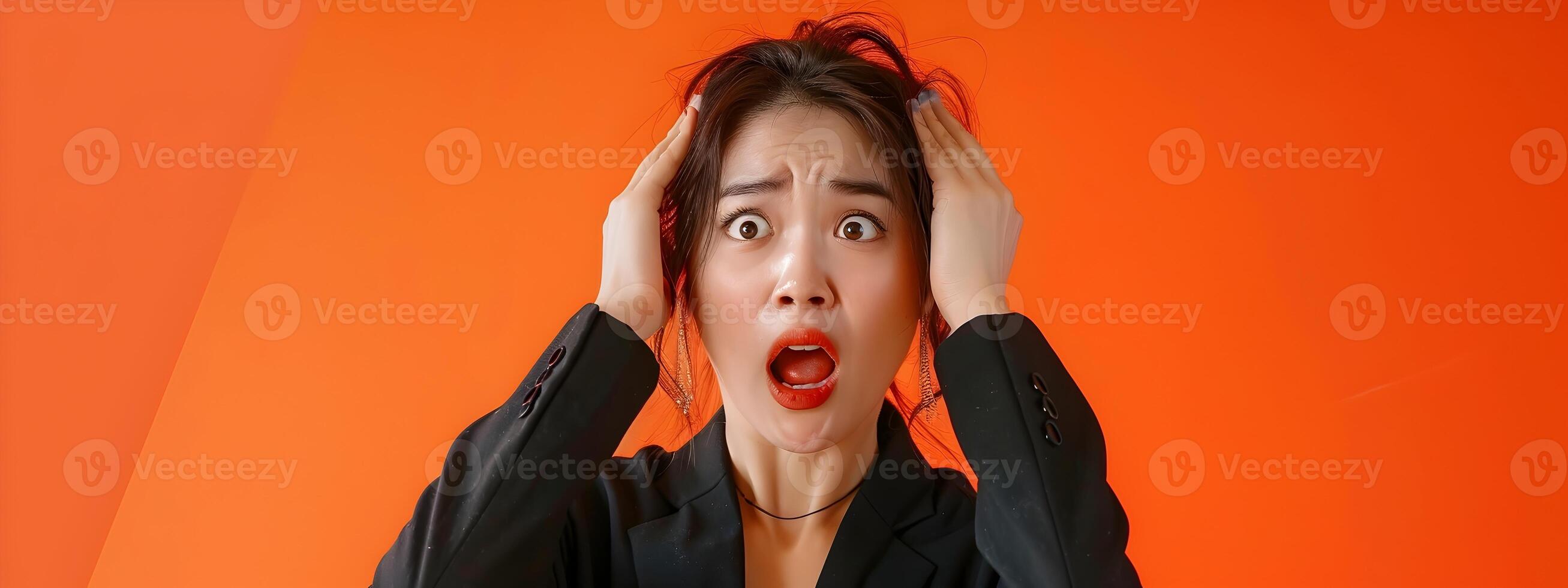 Frustrated Hallyu Businesswoman Feeling Crazy on Orange Studio Background photo