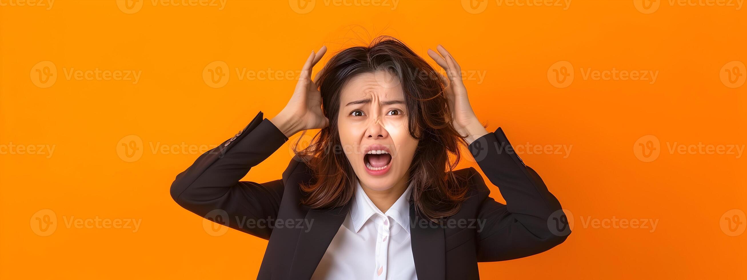 Intense Portrait of Hallyu Korean Businesswoman Feeling Crazy on Vibrant Orange Background photo