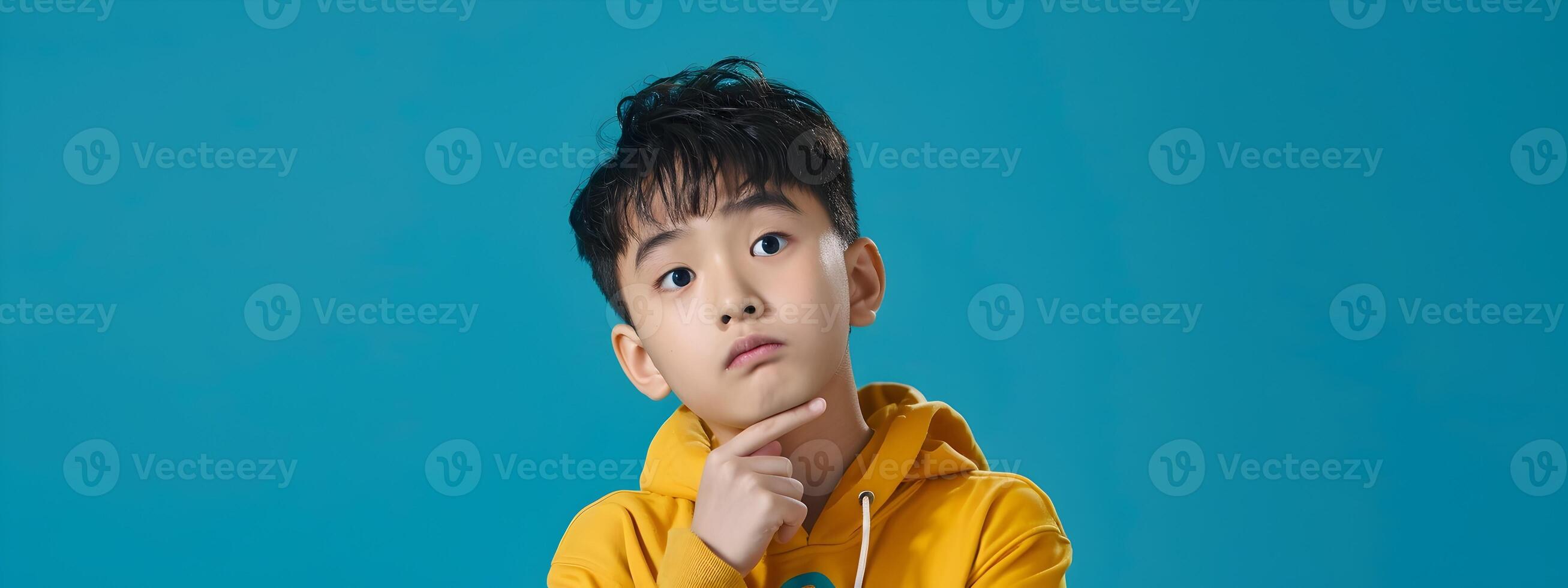 Hallyu Boy Ponders in Neo Pop Style Commercial Portrait with Question Mark photo