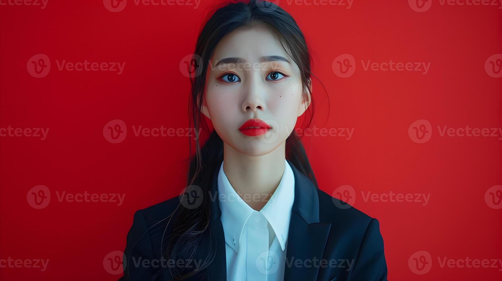 Heartbroken Asian Hallyu Businesswoman in Modern Corporate Costume on Red Studio Set photo