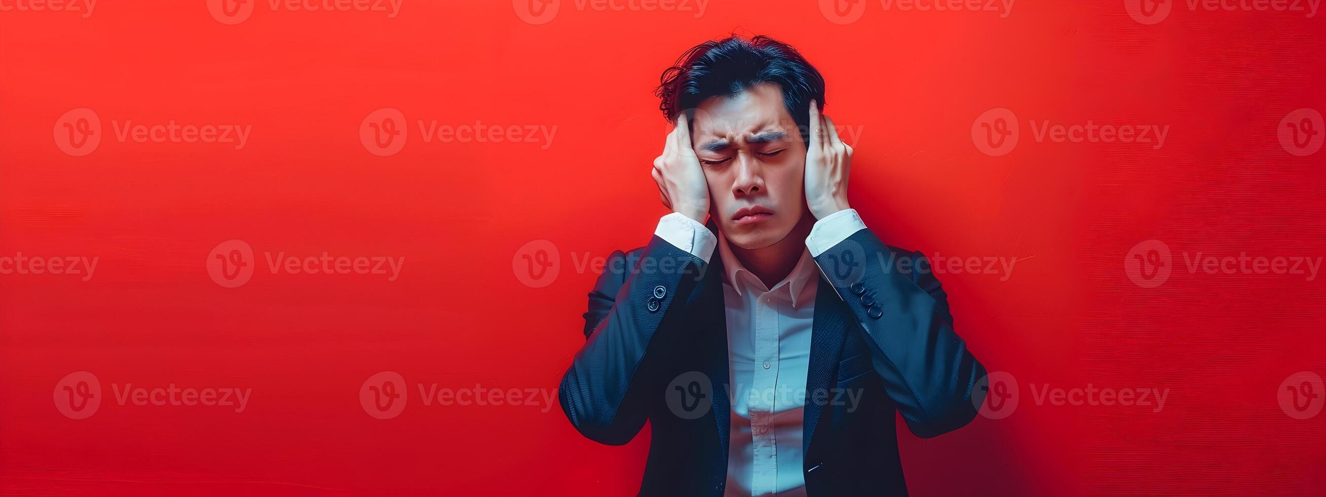 Heartbroken Asian Businessman in Modern Costume Against Red Background photo