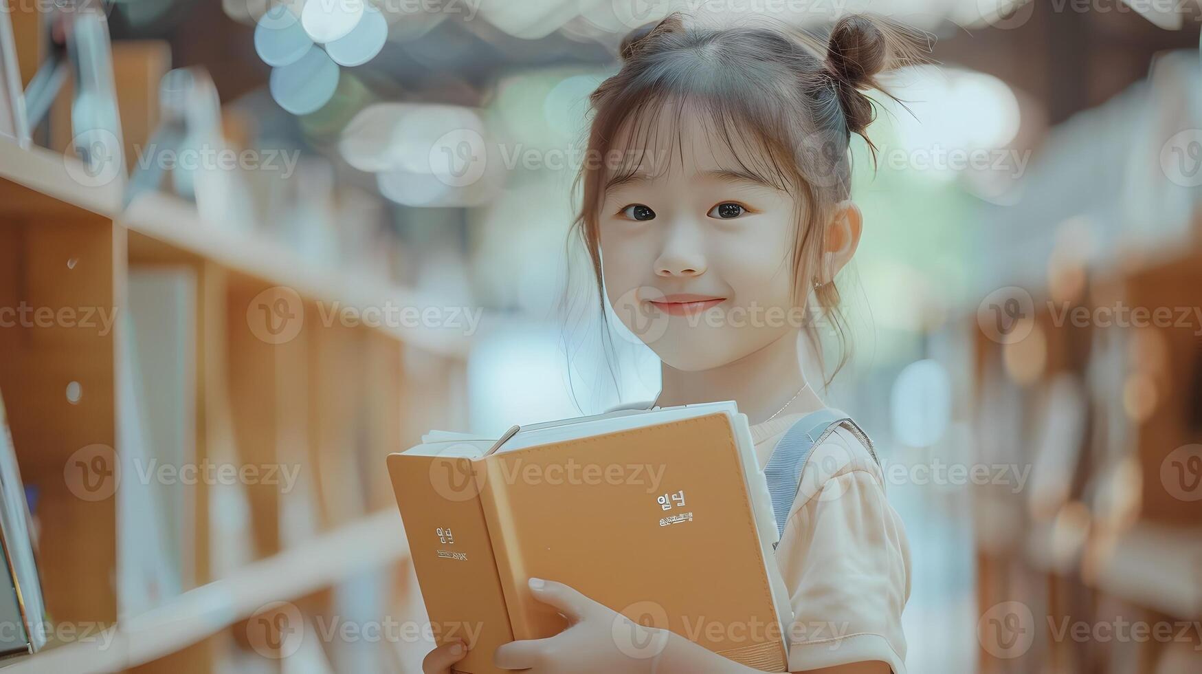 Joyful Asian Girl Holding Book in Colorful Library Corridor photo