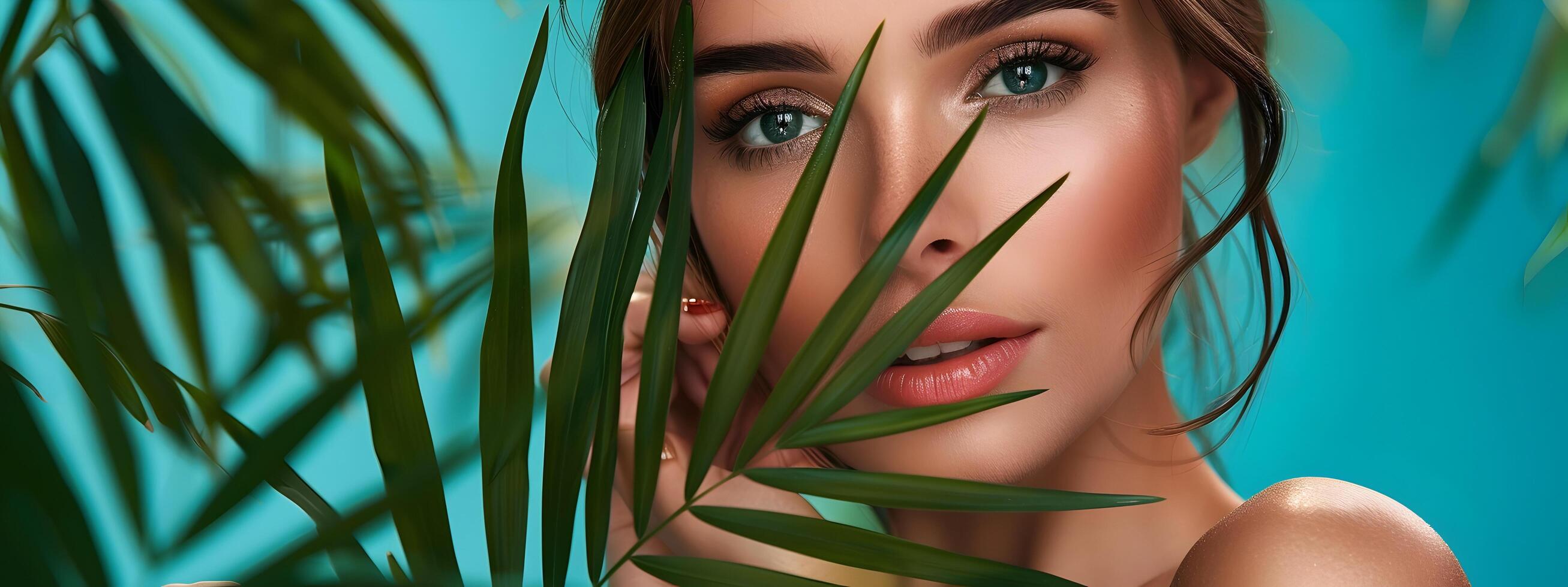 Beautiful Woman Holding Tropical Leaves with Flawless Skin and Natural Makeup on Blue Background photo