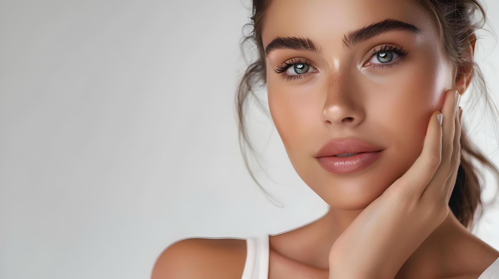 Captivating Portrait of Glamorous Woman Applying Facial Serum for Healthy Glowing Skin photo