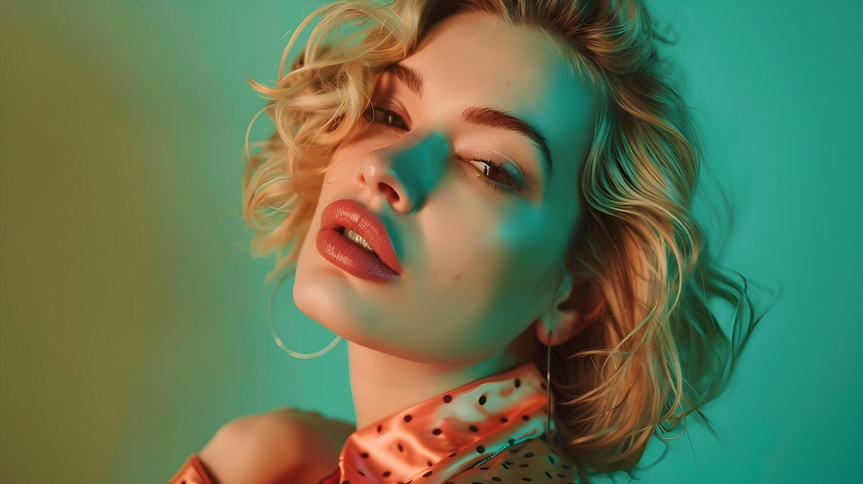 Captivating Blonde Beauty in Neo Pop Styled Commercial Portrait with Green Background photo