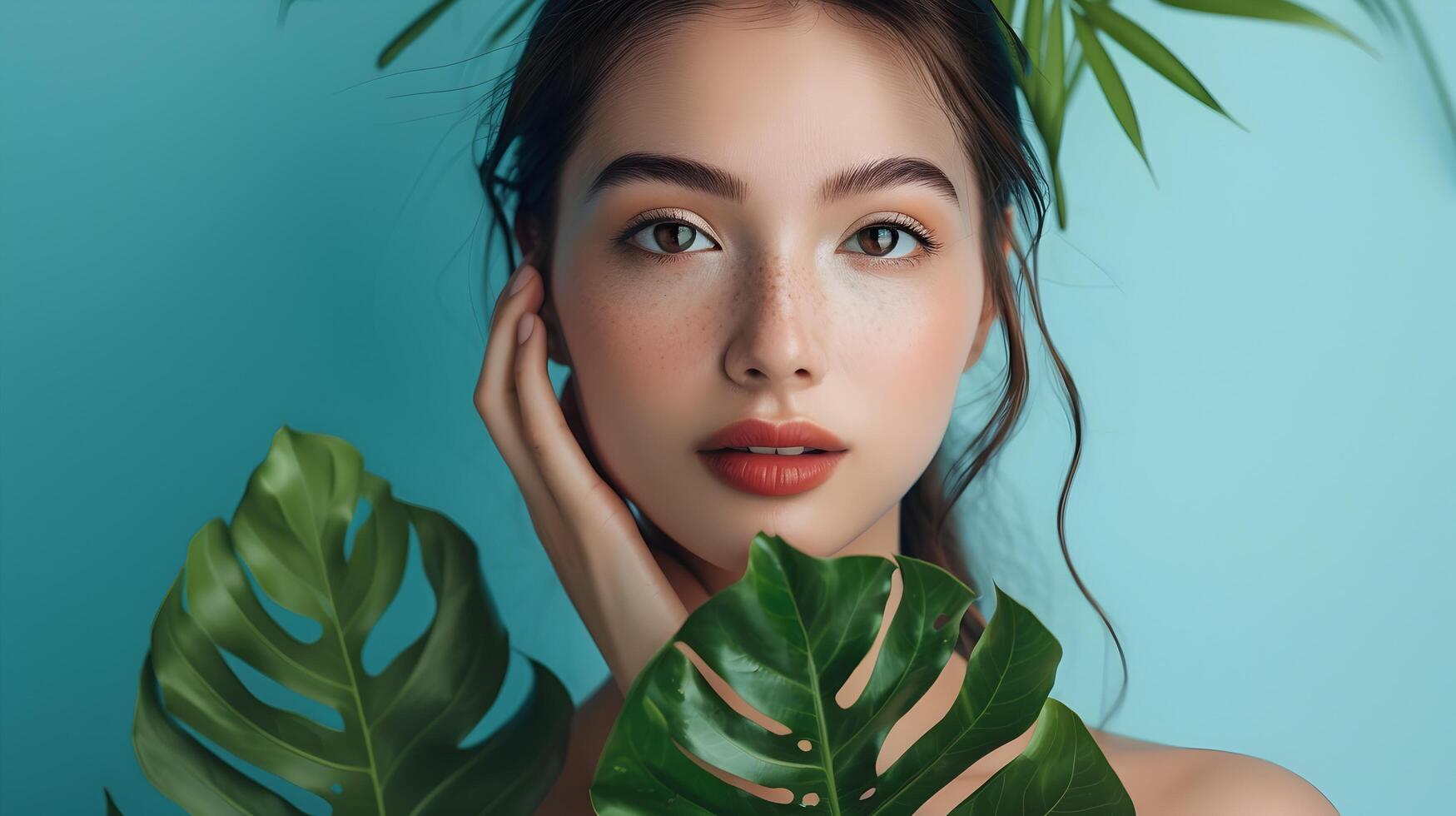 Captivating Portrait of Beautiful Woman Holding Tropical Leaves on Vibrant Blue Background photo