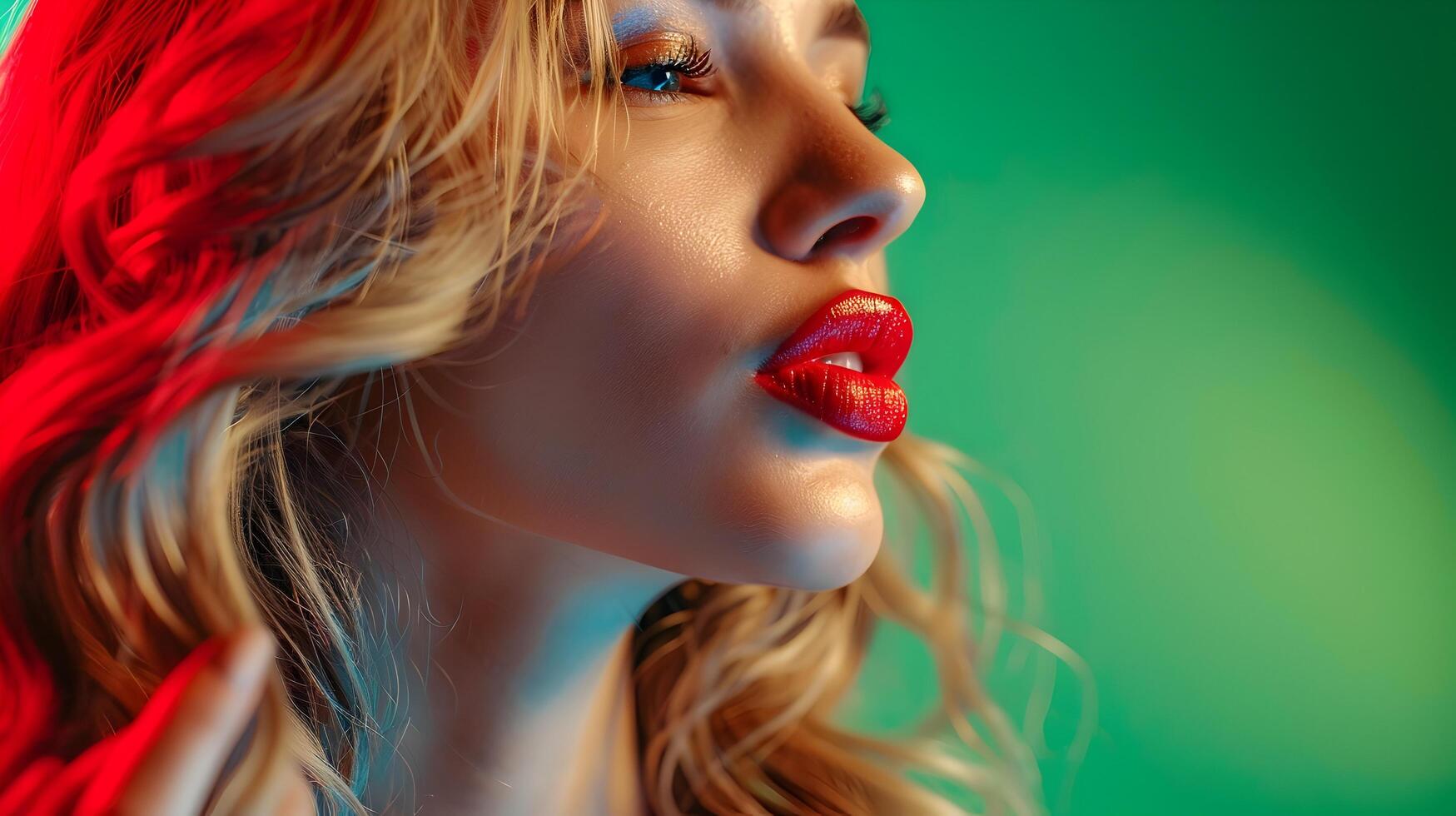 Captivating Blonde Woman Gives Alluring Kiss in Neo Pop Styled Commercial Portrait photo