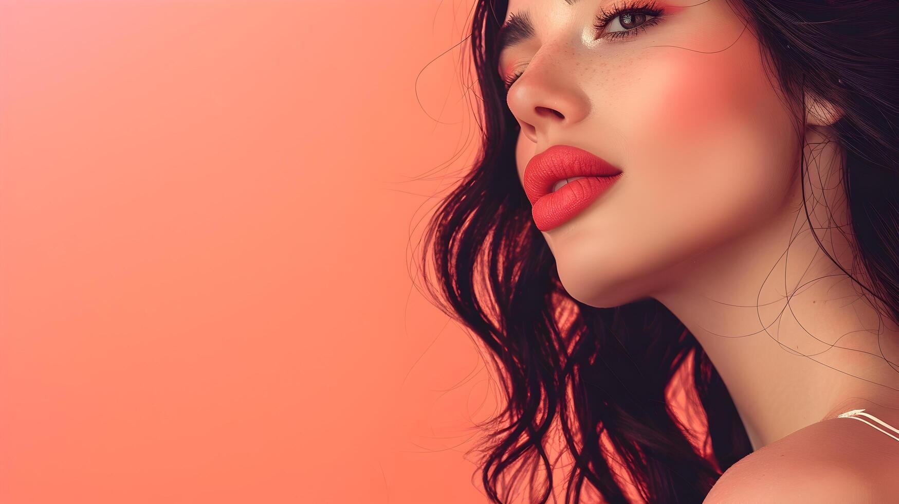 Captivating Woman with Black Hair Gives a Passionate Neo Pop Kiss on Peach Background photo